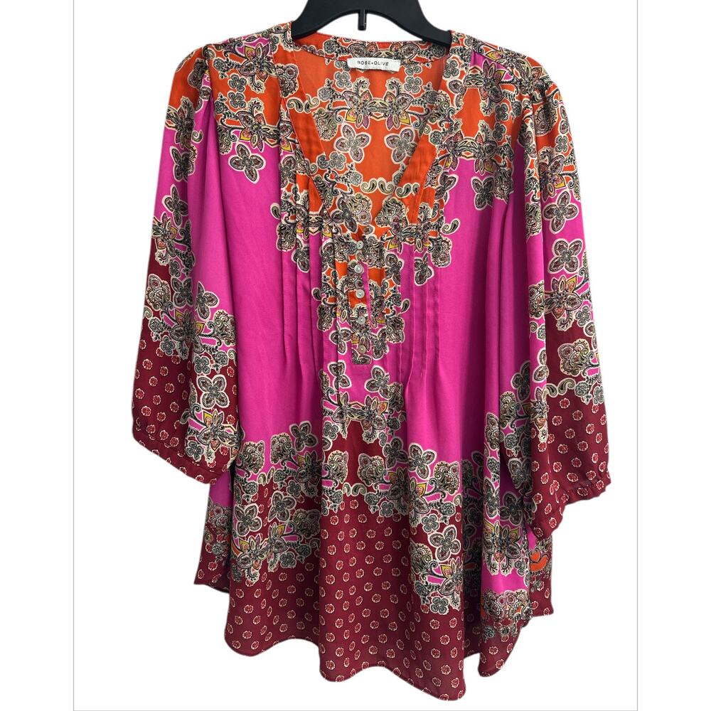 ROSE + OLIVE Pink Red Boho V-Neck Long 3/4 Sleeves Top Women's Plus Size 1X